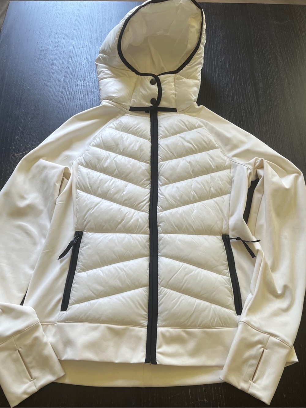 LOFT Cream Hooded Puffer Jacket with Black Trim
